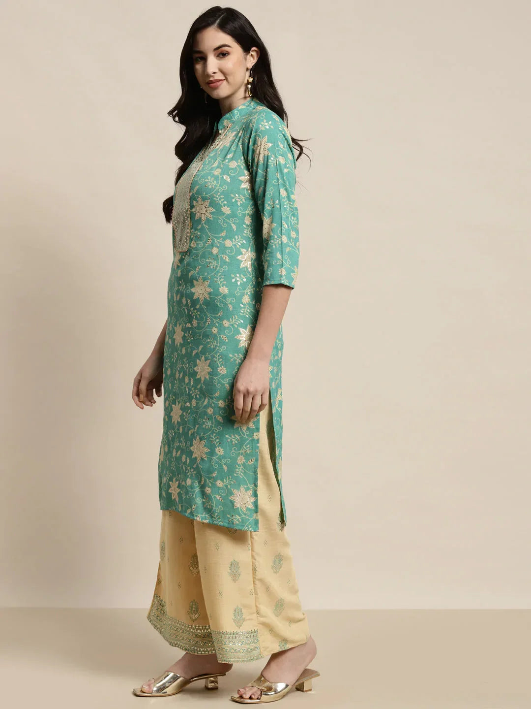 Jompers Women's Gotta Patti work Kurta, Palazzos & Dupatta - Sky Blue | Grocsy