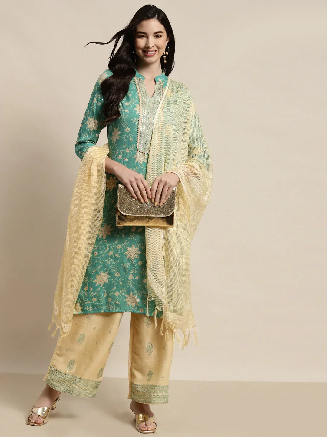 Jompers Women's Gotta Patti work Kurta, Palazzos & Dupatta - Sky Blue | Grocsy