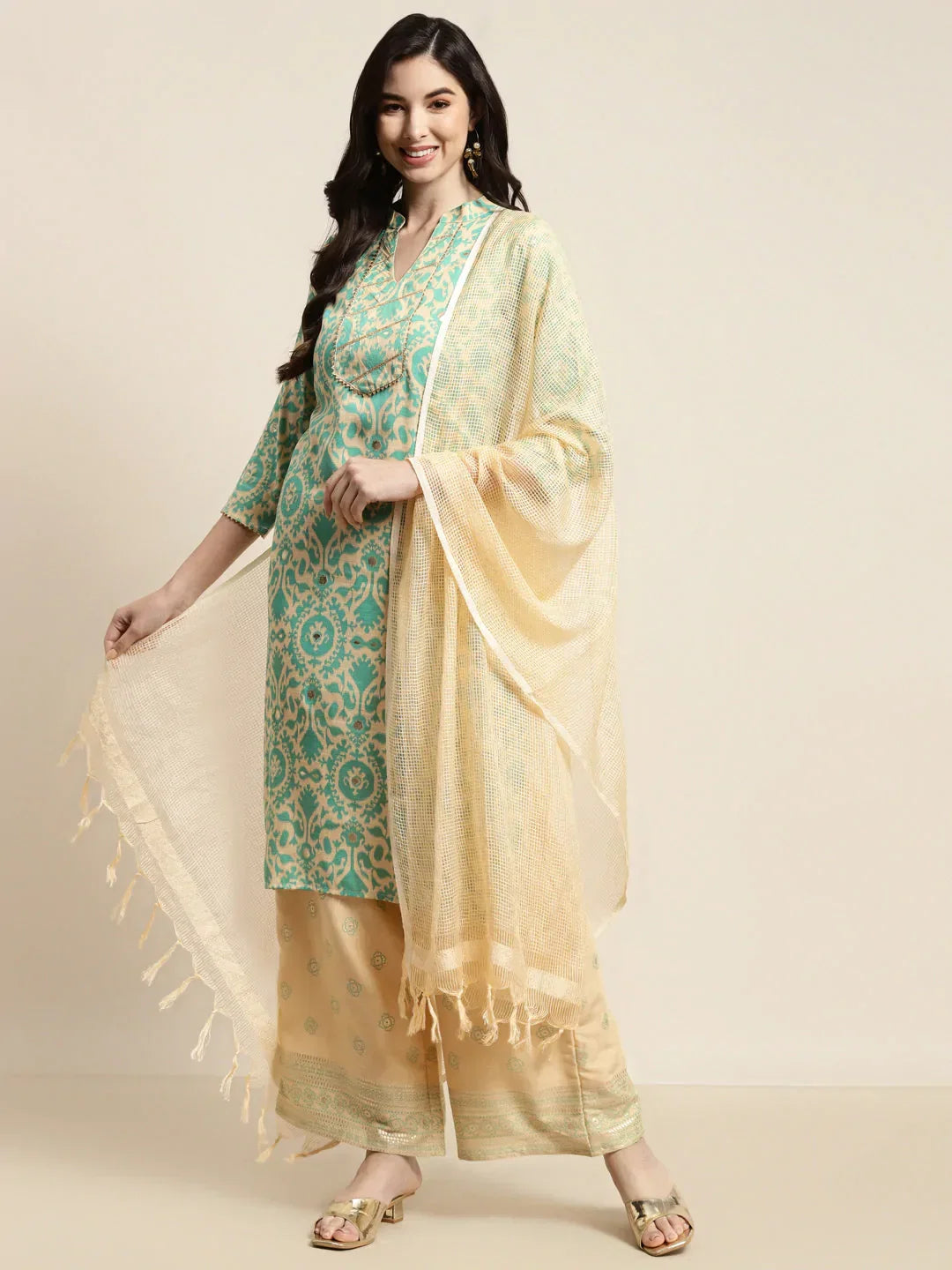 Jompers Women's Gotta Patti work Kurta, Palazzos & Dupatta - Sky Blue | Grocsy