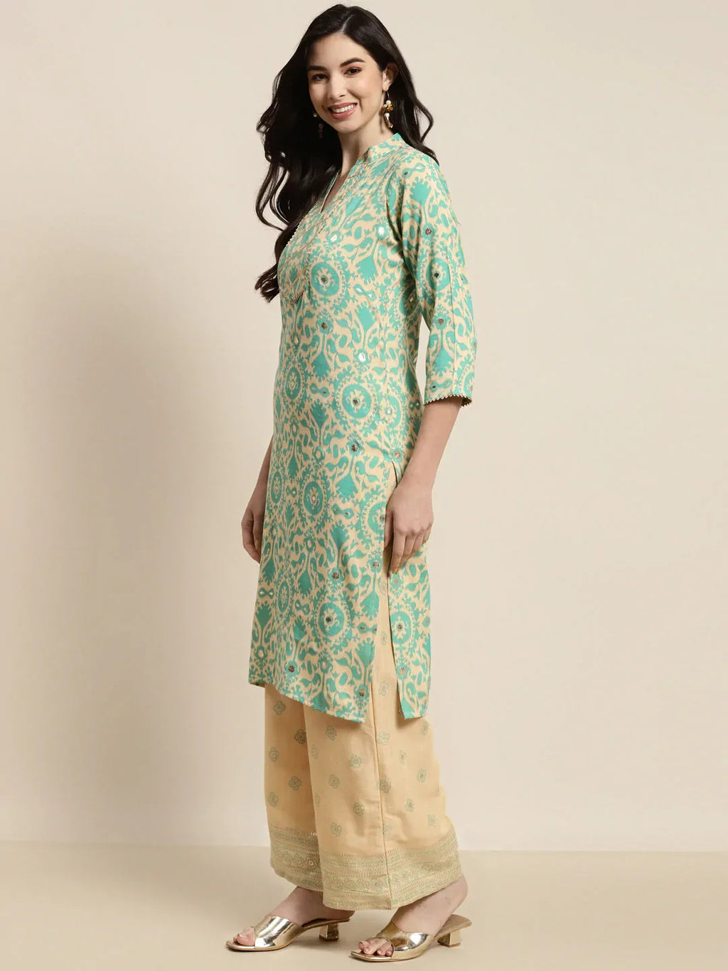 Jompers Women's Gotta Patti work Kurta, Palazzos & Dupatta - Sky Blue | Grocsy