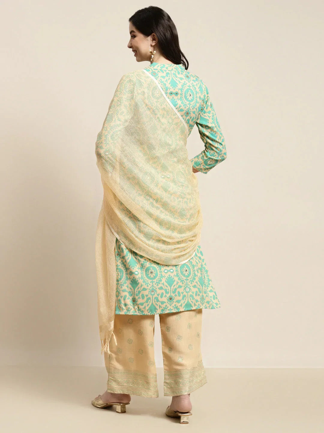 Jompers Women's Gotta Patti work Kurta, Palazzos & Dupatta - Sky Blue | Grocsy