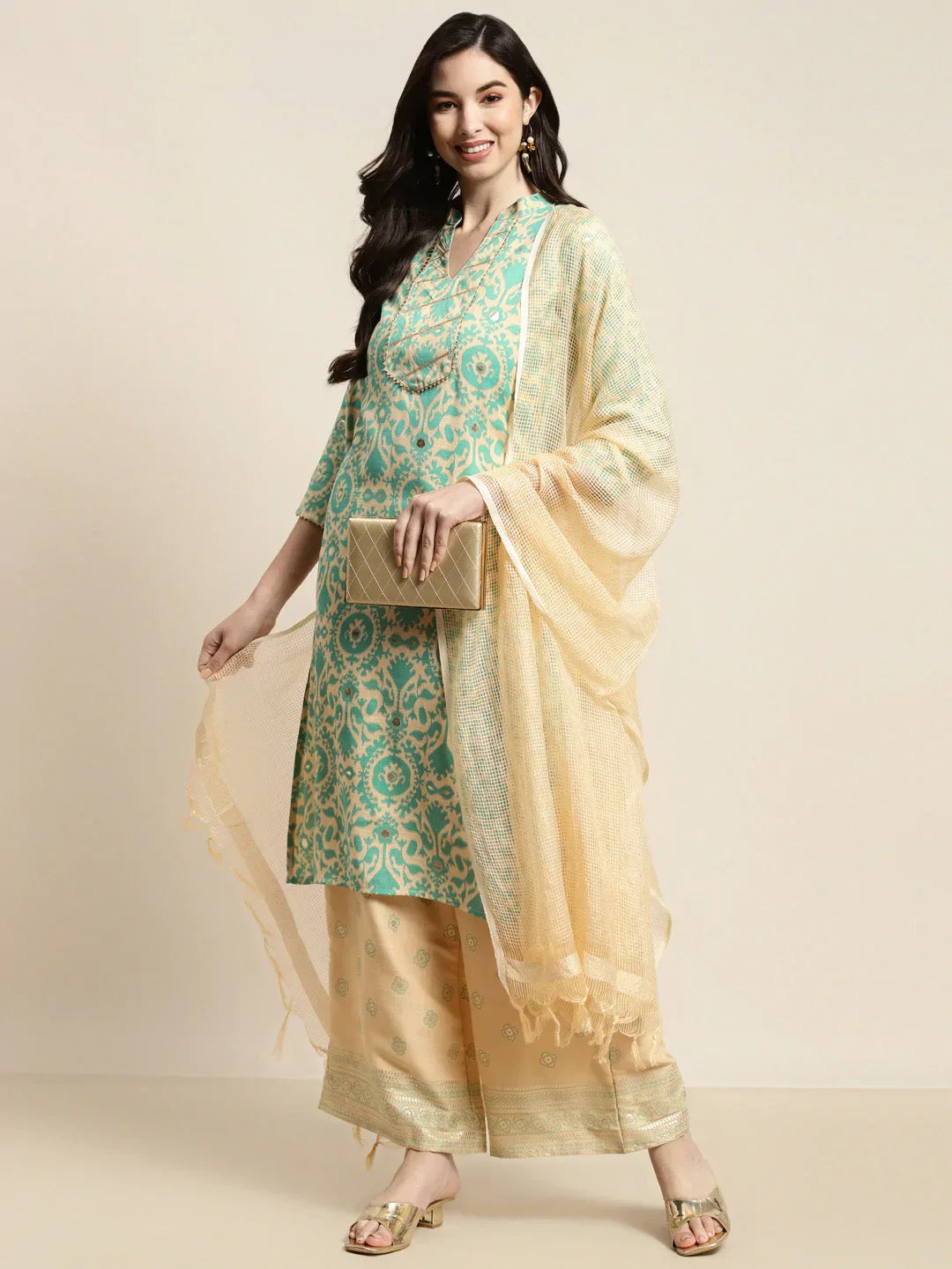 Jompers Women's Gotta Patti work Kurta, Palazzos & Dupatta - Sky Blue | Grocsy