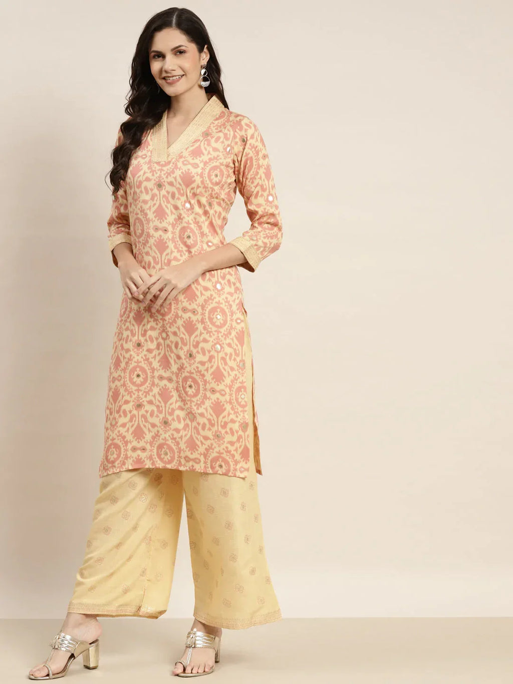 Jompers Women's Printed Kurta with Palazzos & Dupatta - Pink | Grocsy