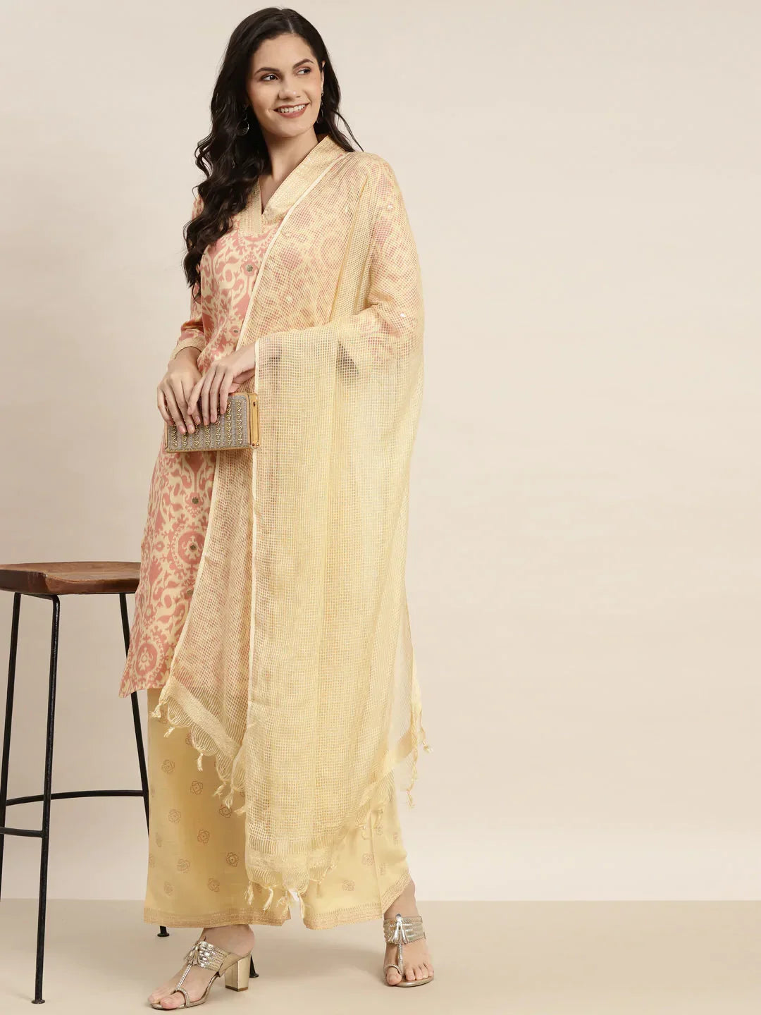 Jompers Women's Printed Kurta with Palazzos & Dupatta - Pink | Grocsy