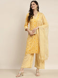 Jompers Women's Printed Kurta with Palazzos & Dupatta - Yellow | Grocsy