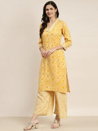 Jompers Women's Printed Kurta with Palazzos & Dupatta - Yellow | Grocsy