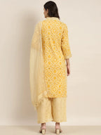 Jompers Women's Printed Kurta with Palazzos & Dupatta - Yellow | Grocsy