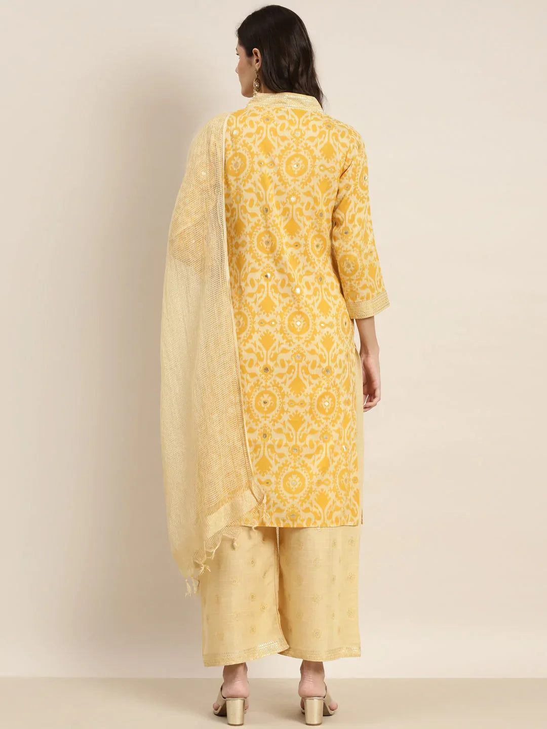 Jompers Women's Printed Kurta with Palazzos & Dupatta - Yellow | Grocsy