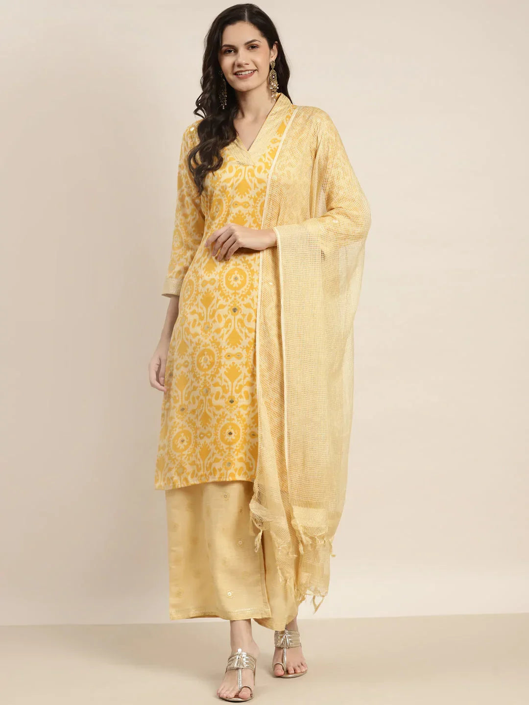Jompers Women's Printed Kurta with Palazzos & Dupatta - Yellow | Grocsy