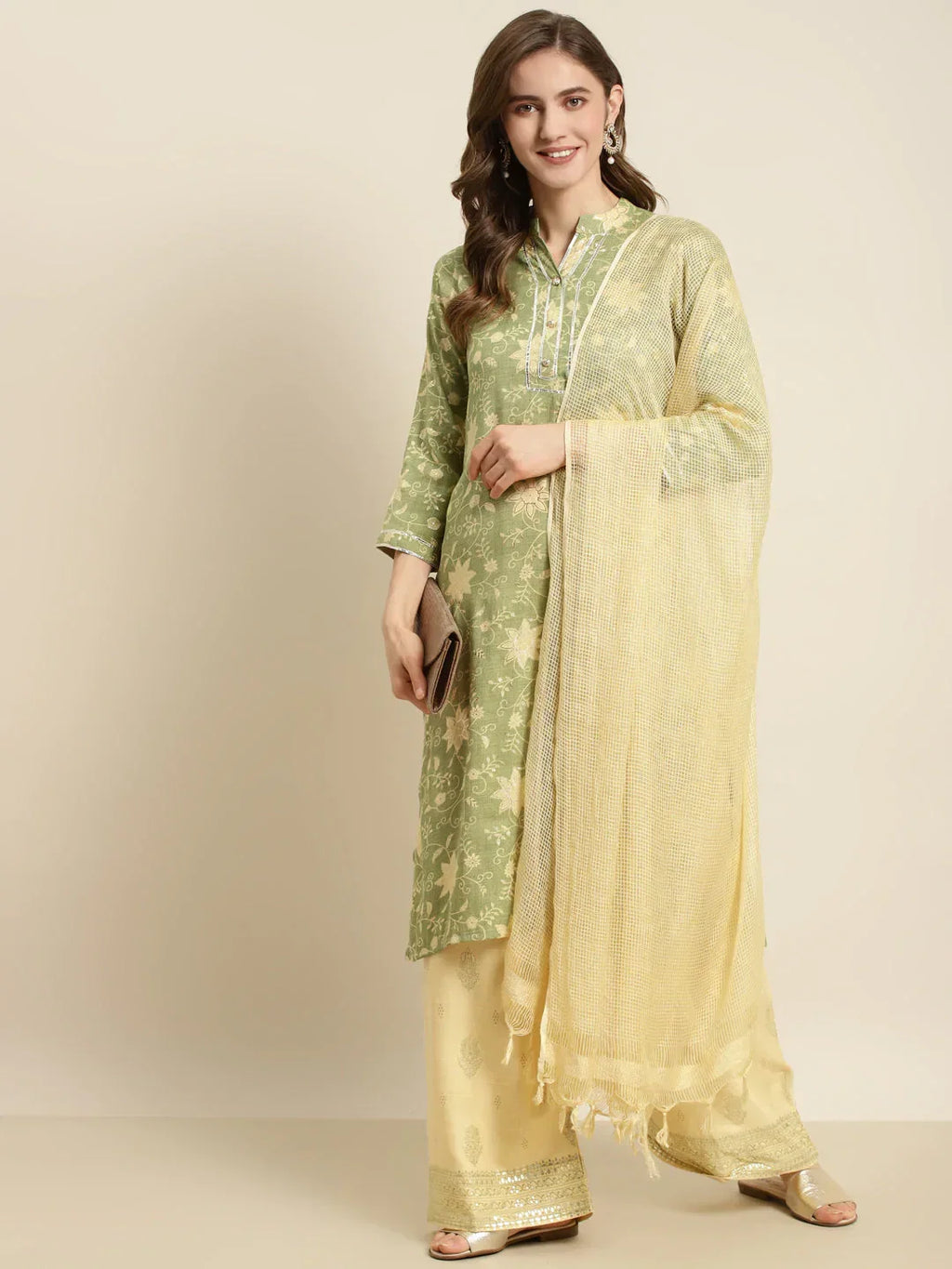 Jompers Women's Gotta Patti Kurta with Palazzos & Dupatta - Green | Grocsy