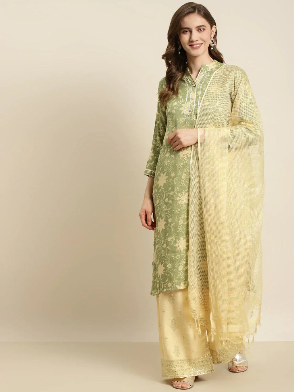 Jompers Women's Gotta Patti Kurta with Palazzos & Dupatta - Green | Grocsy