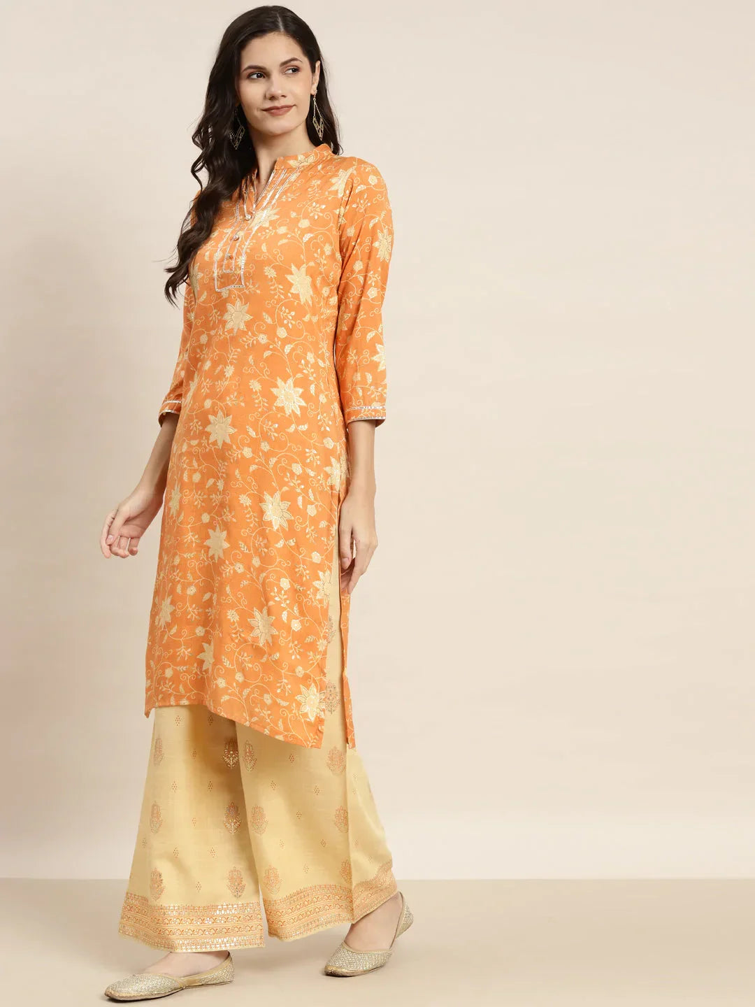 Jompers Women's Gotta Patti Kurta with Palazzos & Dupatta - Orange | Grocsy