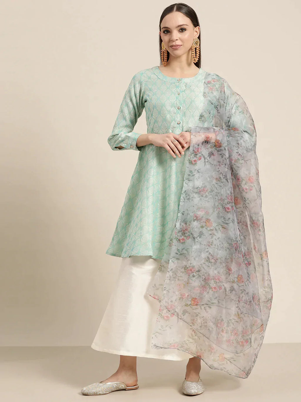 Jompers Women's Floral Pleated Dupion Silk Jacquard Kurta with Palazzos & Dupatta - Blue | Grocsy