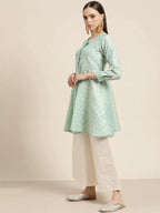 Jompers Women's Floral Pleated Dupion Silk Jacquard Kurta with Palazzos & Dupatta - Blue | Grocsy