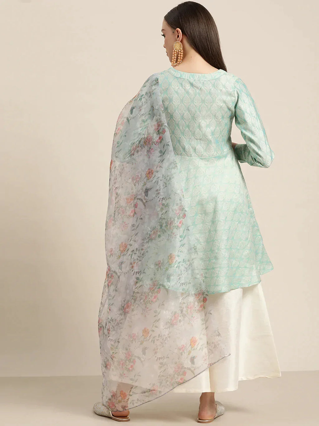 Jompers Women's Floral Pleated Dupion Silk Jacquard Kurta with Palazzos & Dupatta - Blue | Grocsy