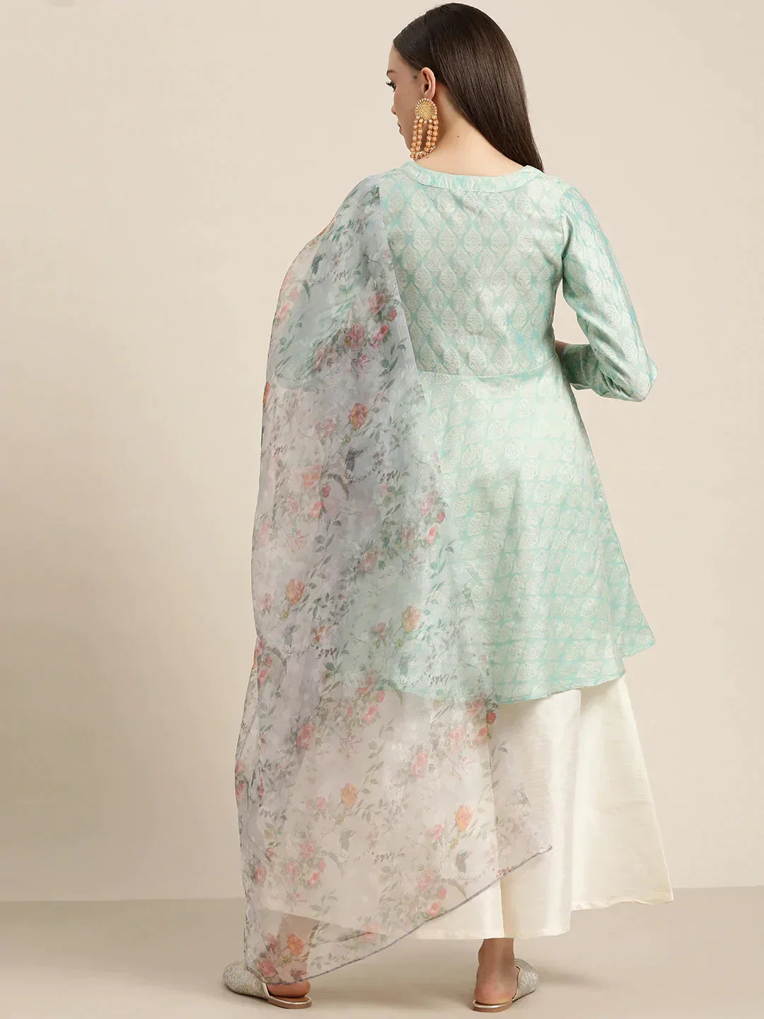 Jompers Women's Floral Pleated Dupion Silk Jacquard Kurta with Palazzos & Dupatta - Blue | Grocsy