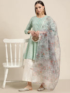Jompers Women's Floral Pleated Dupion Silk Jacquard Kurta with Palazzos & Dupatta - Blue | Grocsy