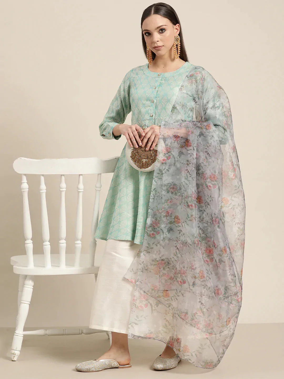 Jompers Women's Floral Pleated Dupion Silk Jacquard Kurta with Palazzos & Dupatta - Blue | Grocsy