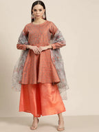 Jompers Women's Floral Pleated Dupion Silk Jacquard Kurta with Palazzos & Dupatta - Orange | Grocsy