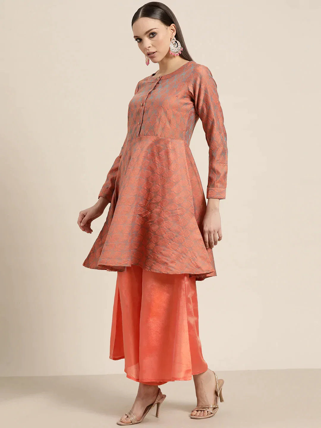 Jompers Women's Floral Pleated Dupion Silk Jacquard Kurta with Palazzos & Dupatta - Orange | Grocsy