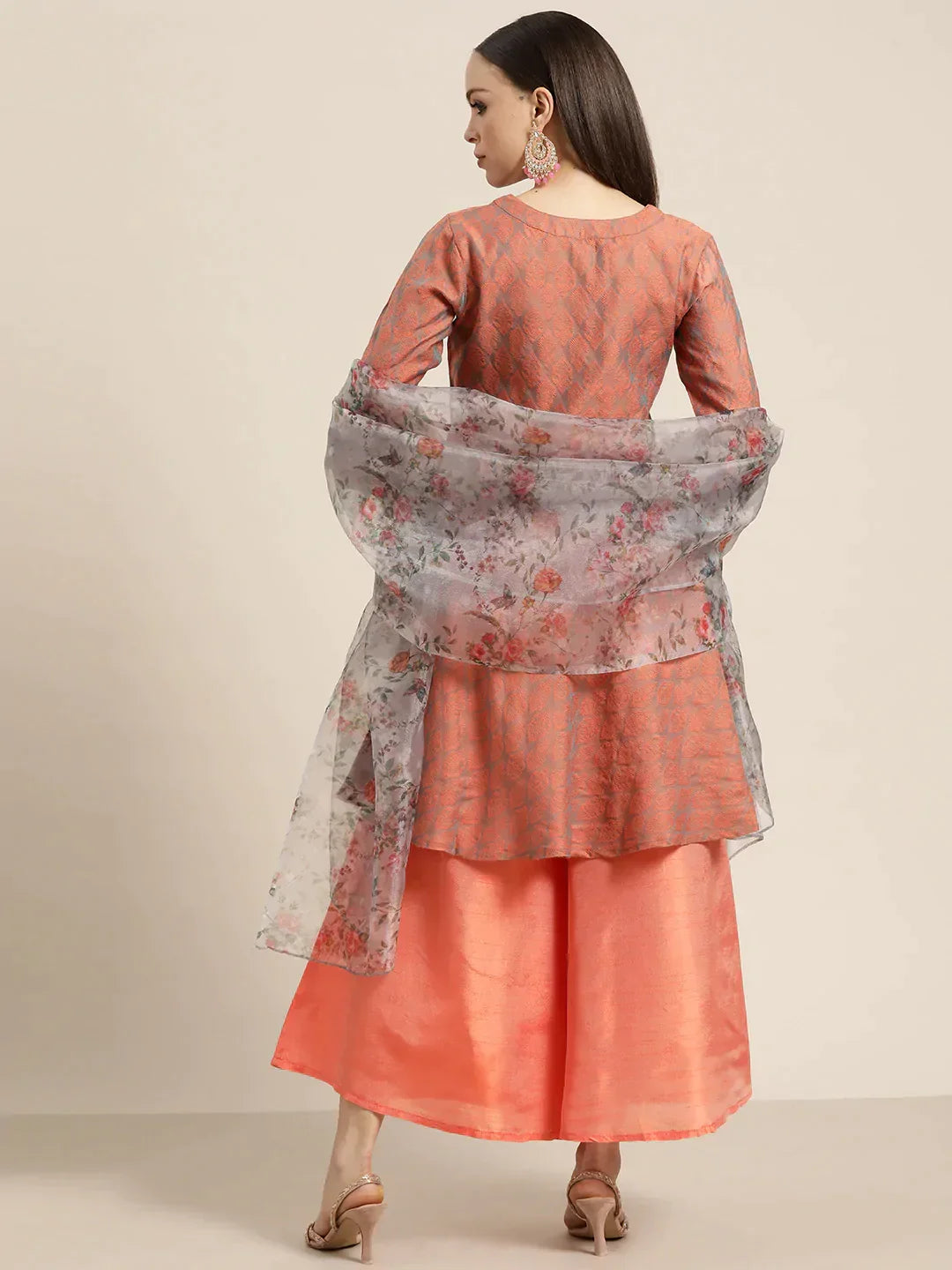Jompers Women's Floral Pleated Dupion Silk Jacquard Kurta with Palazzos & Dupatta - Orange | Grocsy