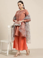 Jompers Women's Floral Pleated Dupion Silk Jacquard Kurta with Palazzos & Dupatta - Orange | Grocsy