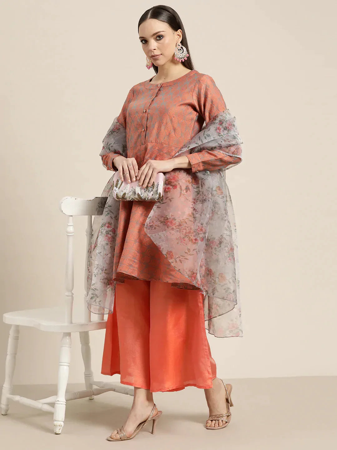 Jompers Women's Floral Pleated Dupion Silk Jacquard Kurta with Palazzos & Dupatta - Orange | Grocsy