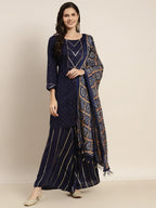 Jompers Women's Embroidered Sequinned Kurta with Palazzos & Dupatta - Navy Blue | Grocsy