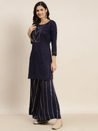 Jompers Women's Embroidered Sequinned Kurta with Palazzos & Dupatta - Navy Blue | Grocsy