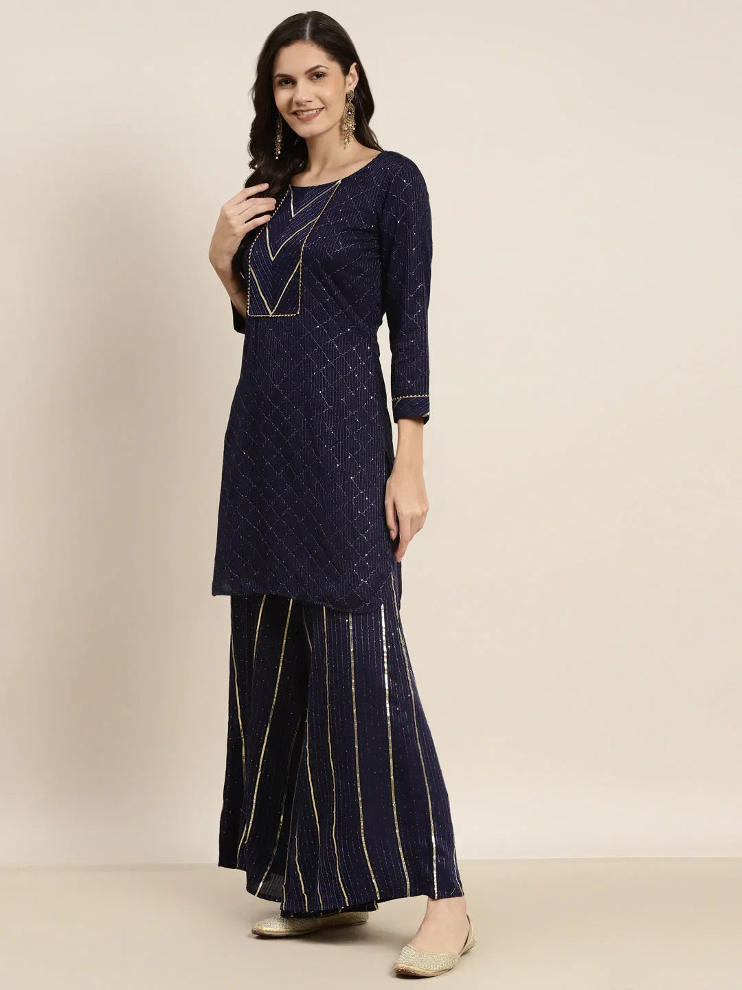 Jompers Women's Embroidered Sequinned Kurta with Palazzos & Dupatta - Navy Blue | Grocsy