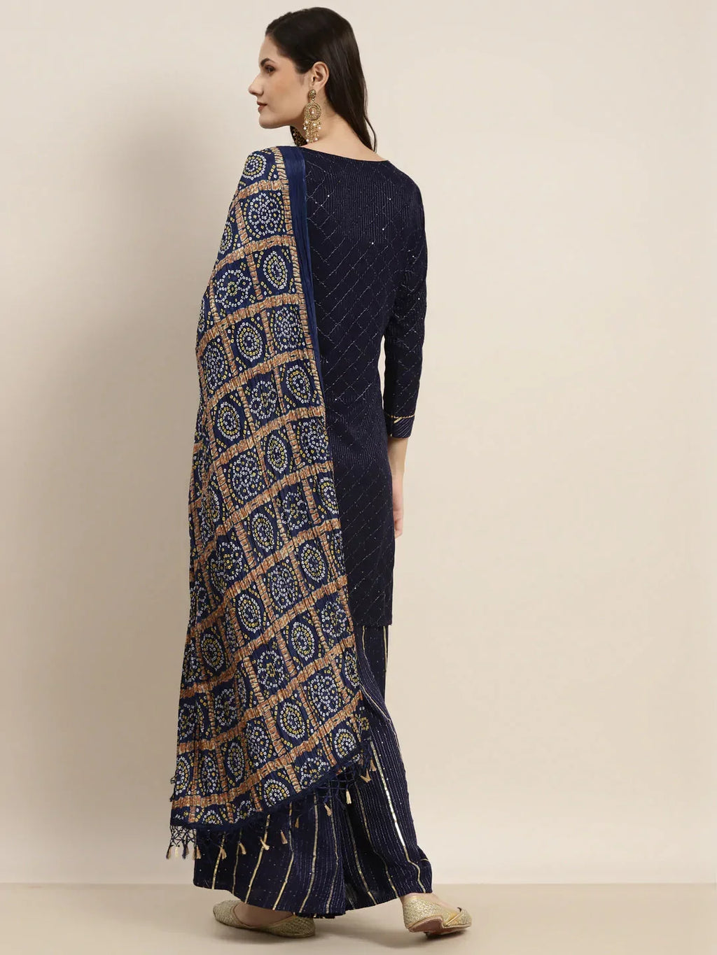 Jompers Women's Embroidered Sequinned Kurta with Palazzos & Dupatta - Navy Blue | Grocsy