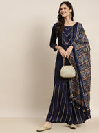 Jompers Women's Embroidered Sequinned Kurta with Palazzos & Dupatta - Navy Blue | Grocsy