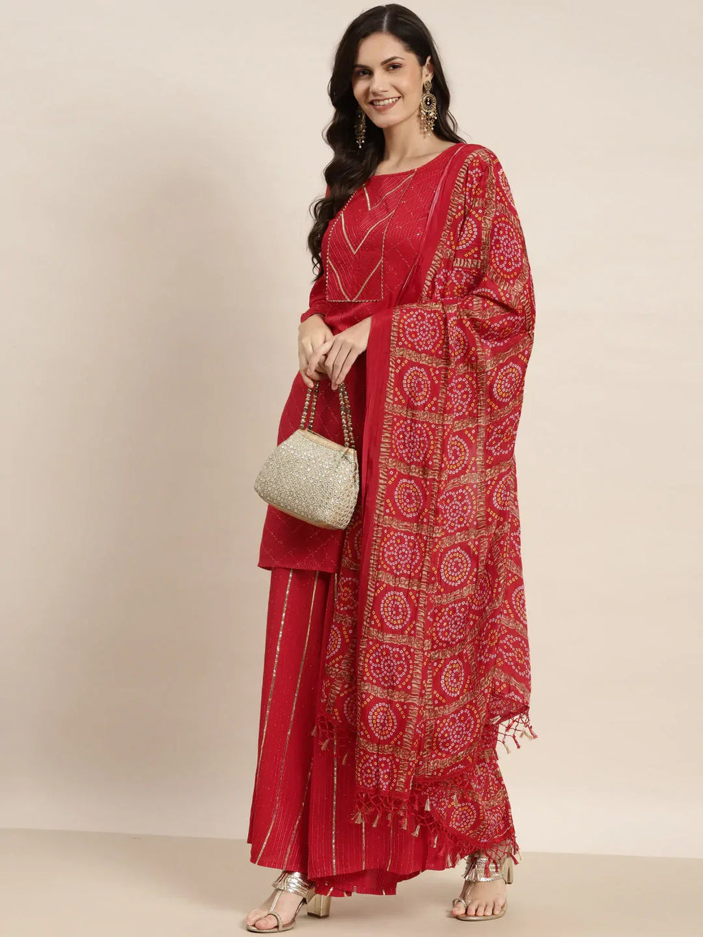 Jompers Women's Embroidered Sequinned Kurta with Palazzos & Dupatta - Red | Grocsy