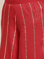 Jompers Women's Embroidered Sequinned Kurta with Palazzos & Dupatta - Red | Grocsy