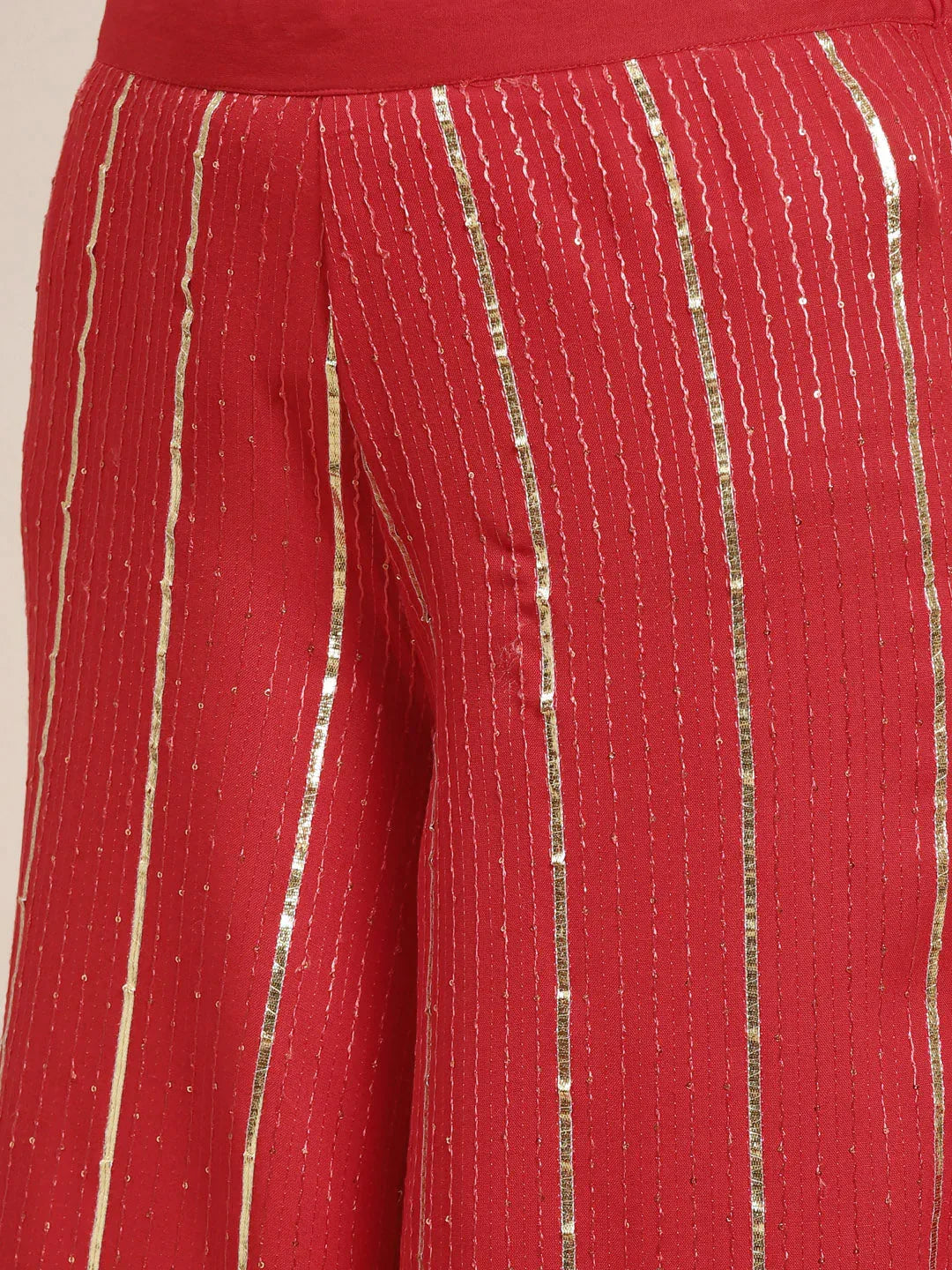 Jompers Women's Embroidered Sequinned Kurta with Palazzos & Dupatta - Red | Grocsy