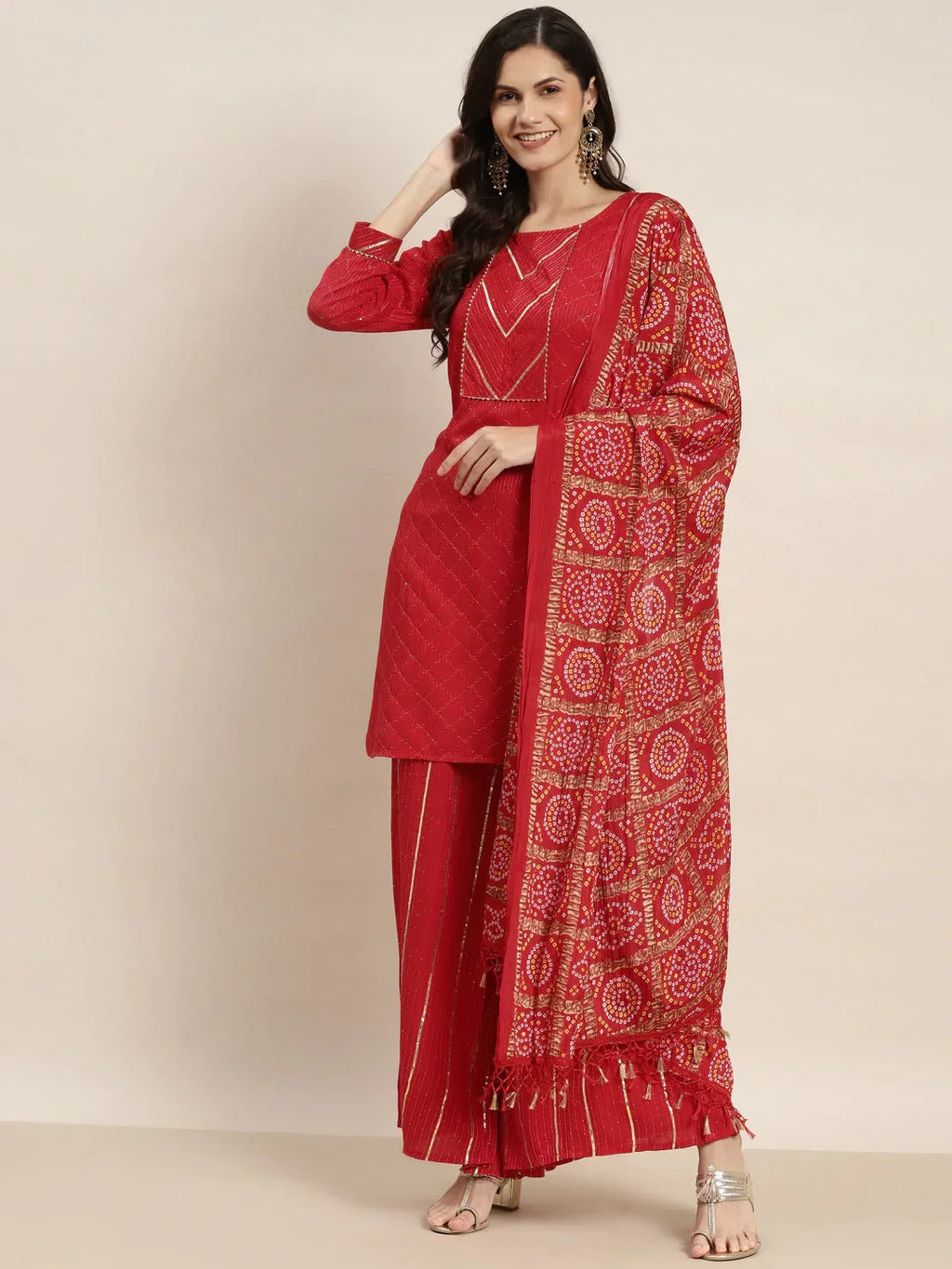Jompers Women's Embroidered Sequinned Kurta with Palazzos & Dupatta - Red | Grocsy