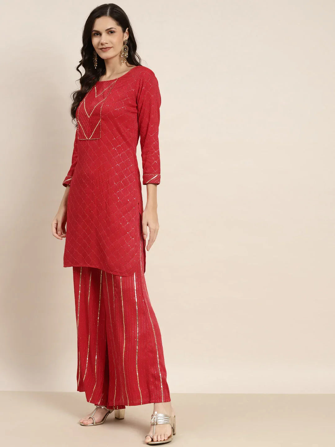 Jompers Women's Embroidered Sequinned Kurta with Palazzos & Dupatta - Red | Grocsy