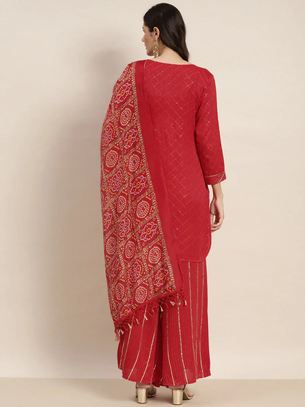 Jompers Women's Embroidered Sequinned Kurta with Palazzos & Dupatta - Red | Grocsy