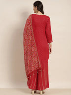 Jompers Women's Embroidered Sequinned Kurta with Palazzos & Dupatta - Red | Grocsy