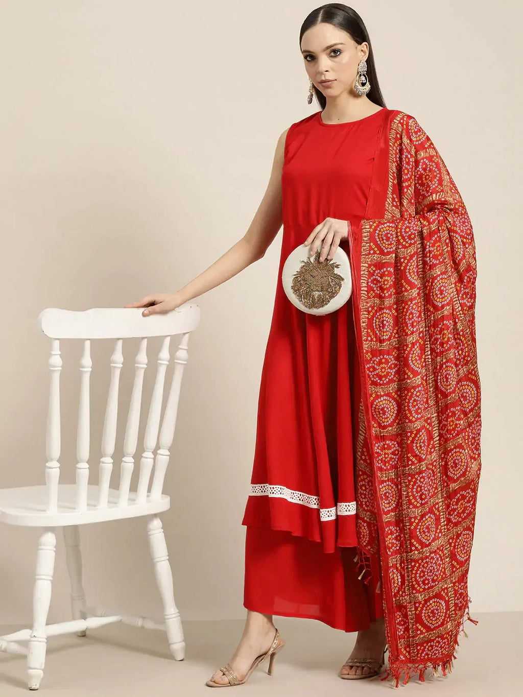 Jompers Women's Kurta with Palazzos & print Dupatta - Red | Grocsy