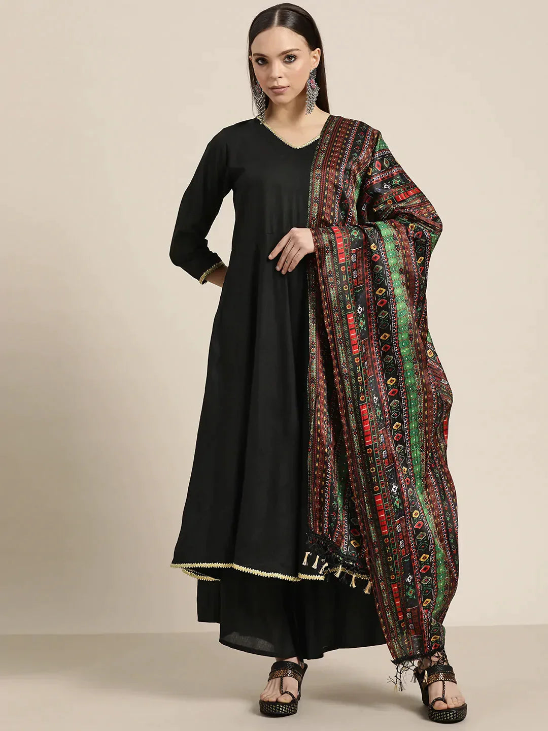Jompers Women's Kurta with Palazzos & print Dupatta - Black | Grocsy