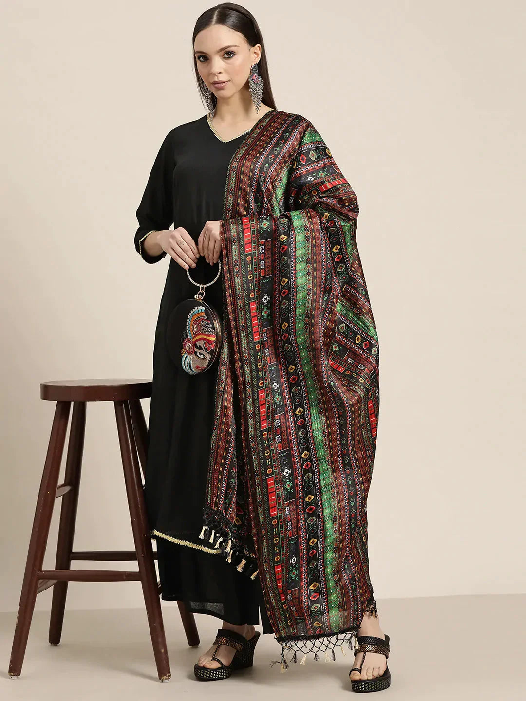 Jompers Women's Kurta with Palazzos & print Dupatta - Black | Grocsy