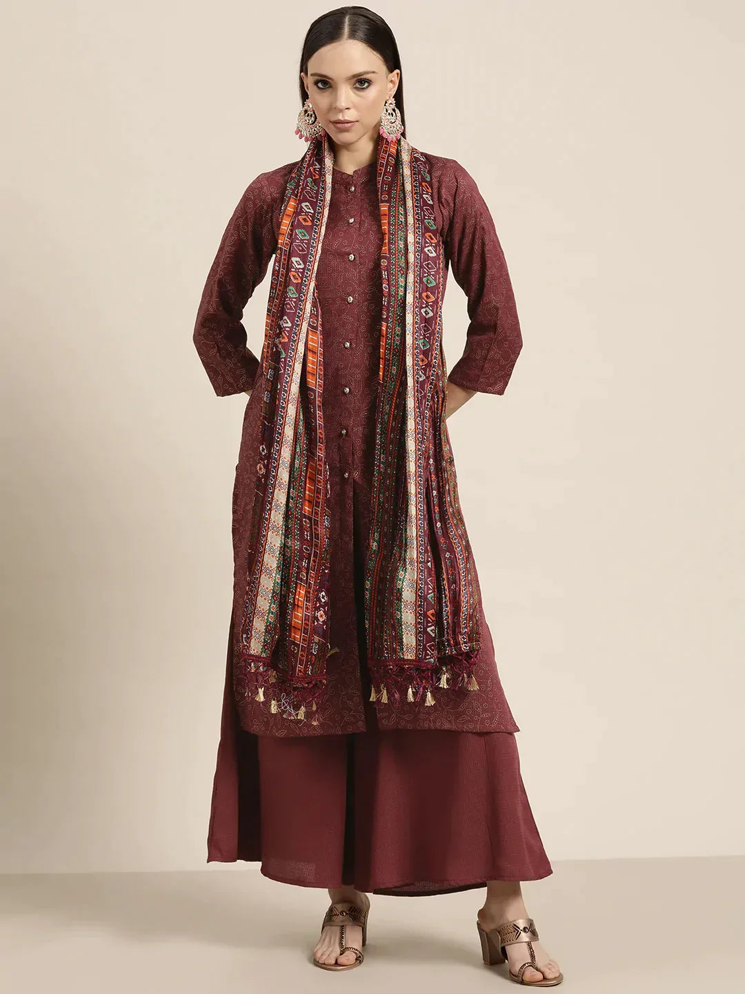 Jompers Women's Maroon Floral Embroidered Mukaish Kurta with Palazzos & Dupatta | Grocsy