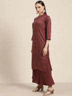 Jompers Women's Maroon Floral Embroidered Mukaish Kurta with Palazzos & Dupatta | Grocsy