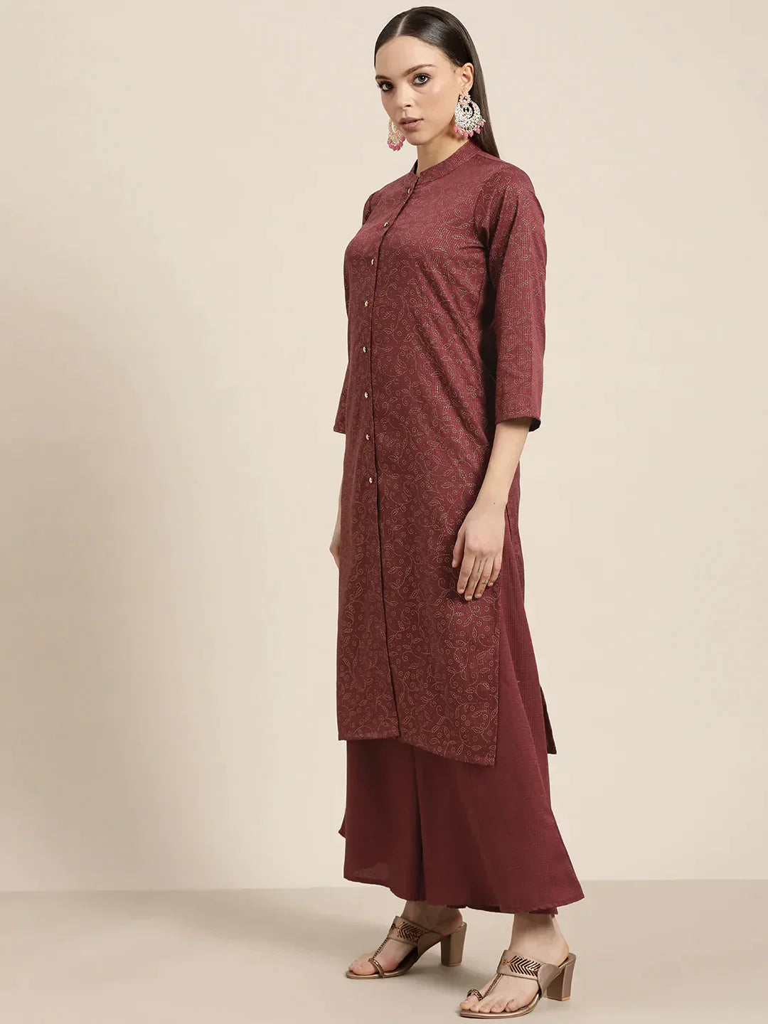 Jompers Women's Maroon Floral Embroidered Mukaish Kurta with Palazzos & Dupatta | Grocsy