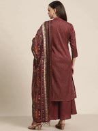 Jompers Women's Maroon Floral Embroidered Mukaish Kurta with Palazzos & Dupatta | Grocsy