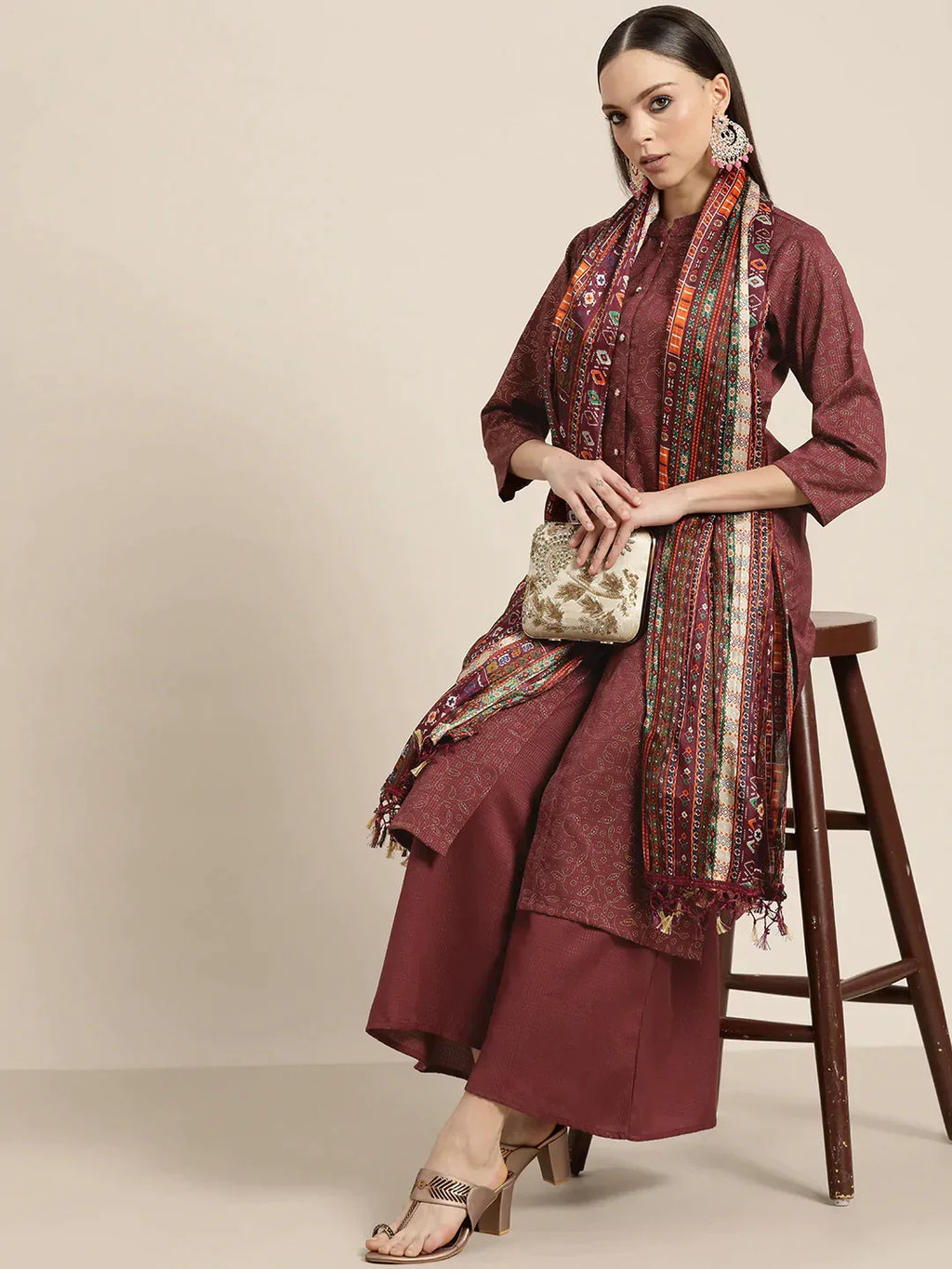 Jompers Women's Maroon Floral Embroidered Mukaish Kurta with Palazzos & Dupatta | Grocsy