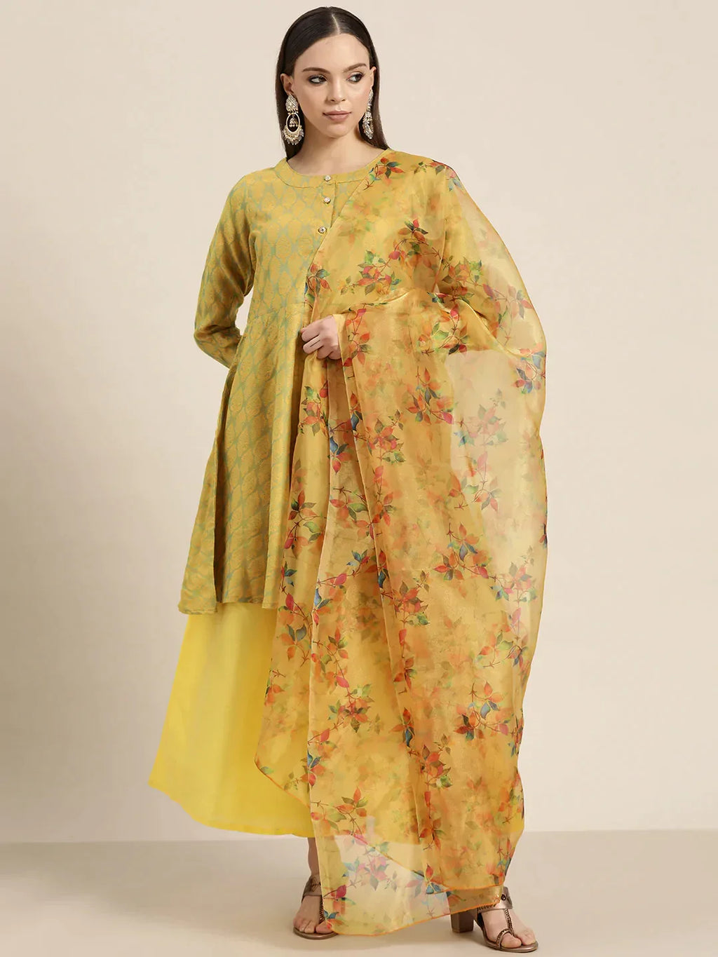 Jompers Women's Floral Pleated Dupion Silk Jacquard Kurta with Palazzos & Dupatta - Yellow | Grocsy