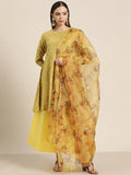 Jompers Women's Floral Pleated Dupion Silk Jacquard Kurta with Palazzos & Dupatta - Yellow | Grocsy