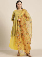 Jompers Women's Floral Pleated Dupion Silk Jacquard Kurta with Palazzos & Dupatta - Yellow | Grocsy
